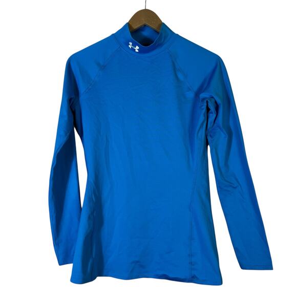 Under Armour ColdGear Fitted Mock Neck Top Womens M Blue Thermal Athleisure - Picture 2 of 7
